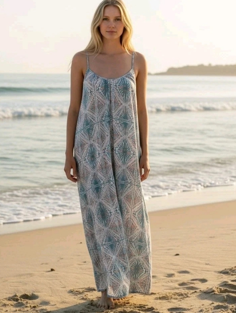 Vtg ROXY Maxi Sundress Womens XL 90s Y2K Turquoise Coral Comfy Resort Beach